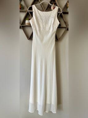 Tailor B. Moss vintage cream satin slip simple maxi dress romantic lace bodice
